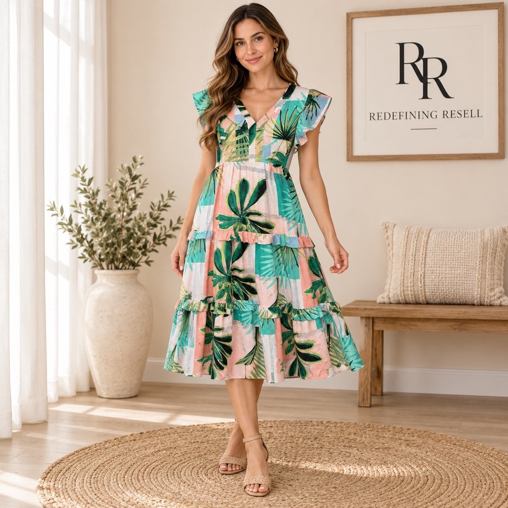 Entro Tropical Palm Leaf Print Ruffle Tiered Midi Dress V-Neck Green Pink S